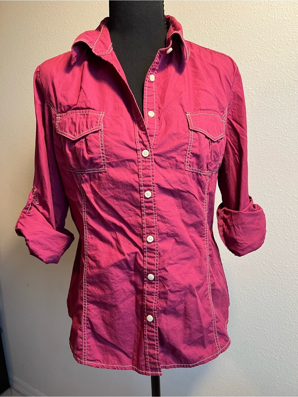Tommy Hilfiger Womens Medium M Magenta Pink Western Button Down Shirt Tailgate